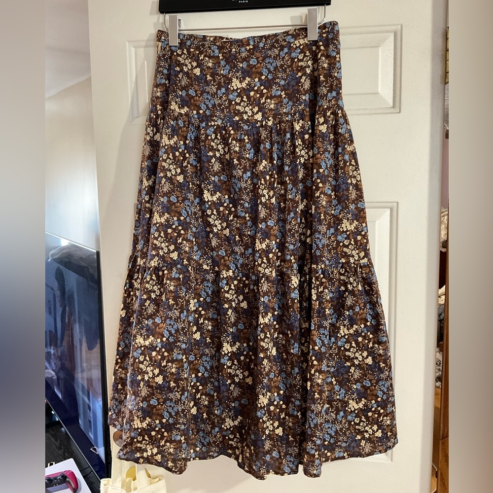 Reformation Brown Floral Midi Skirt with Blue & Cream Blossoms - Picture 10 of 13